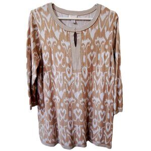 Chico's Women's L 3/4 Sleeve Beige Ikat Scoop Neck Tunic Grandmacore Cottagecore